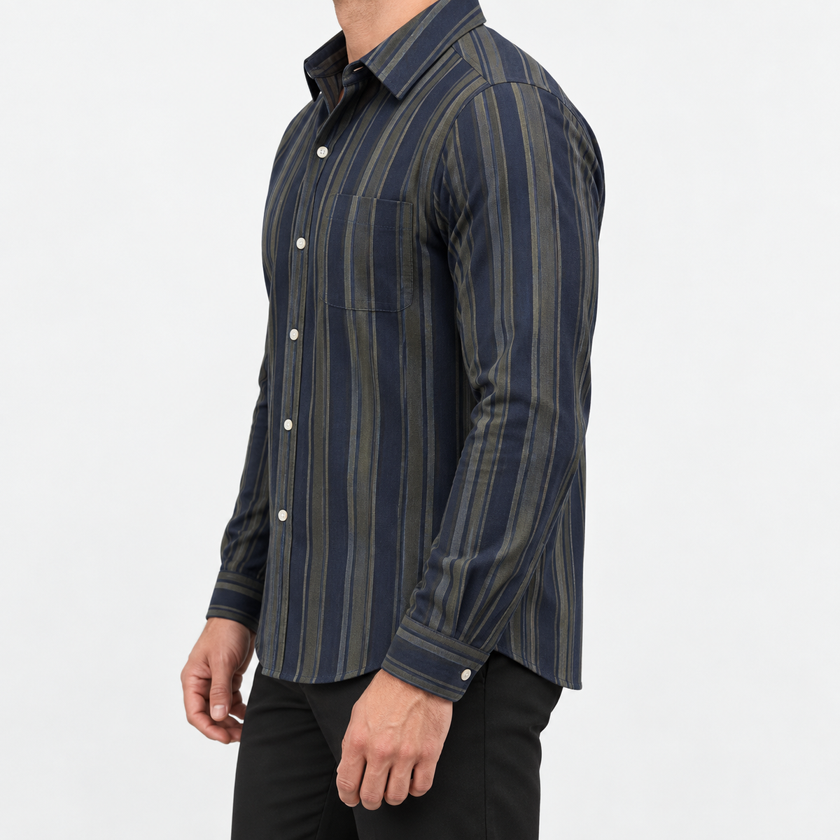 Pure cotton oxford shirt with a chest pocket in navy and olive stripe on a male model side view