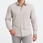 Pure cotton oxford shirt with a chest pocket in beige multistripe on a male model front view