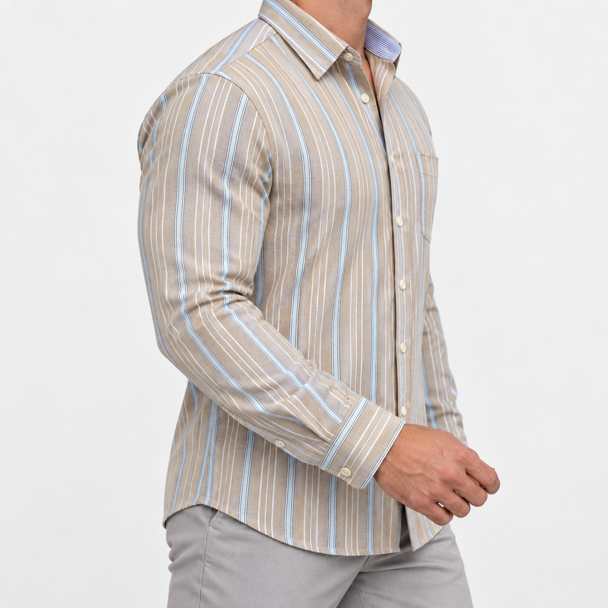 Pure cotton oxford shirt with a chest pocket in beige multistripe on a male model side view