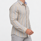 Pure cotton oxford shirt with a chest pocket in beige multistripe on a male model side view
