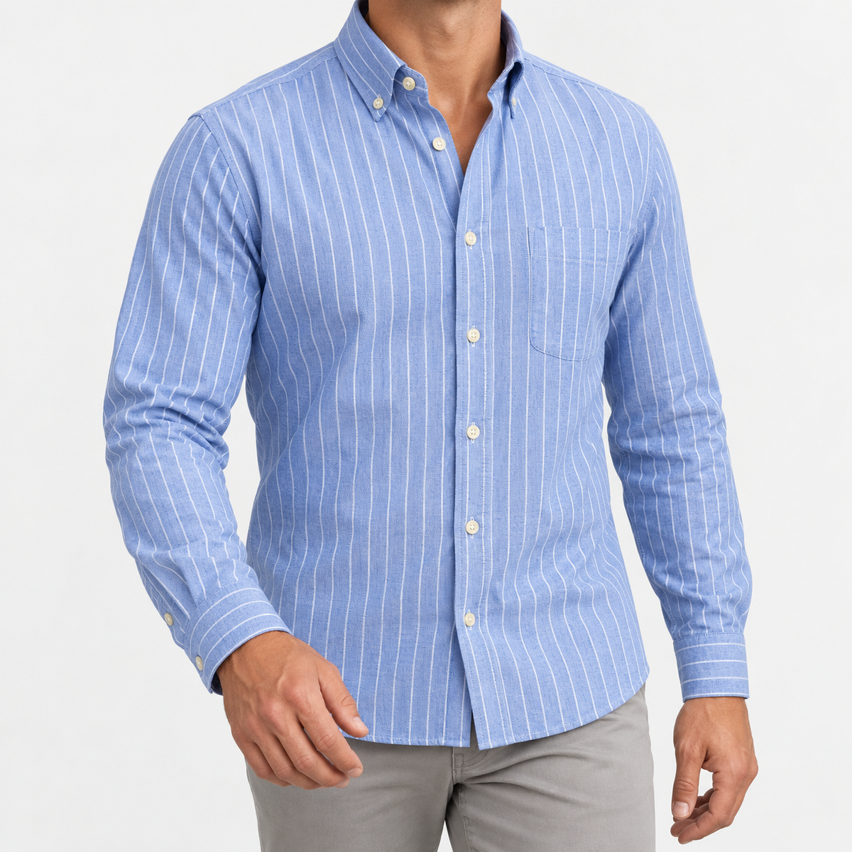 Pure cotton oxford shirt with a chest pocket in light blue pinstripe on a male model front view
