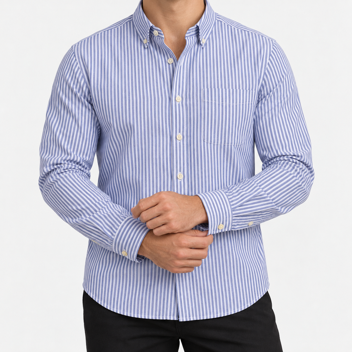 Pure cotton oxford shirt with a chest pocket in blue narrow stripe on a male model front view