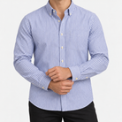 Pure cotton oxford shirt with a chest pocket in blue narrow stripe on a male model front view