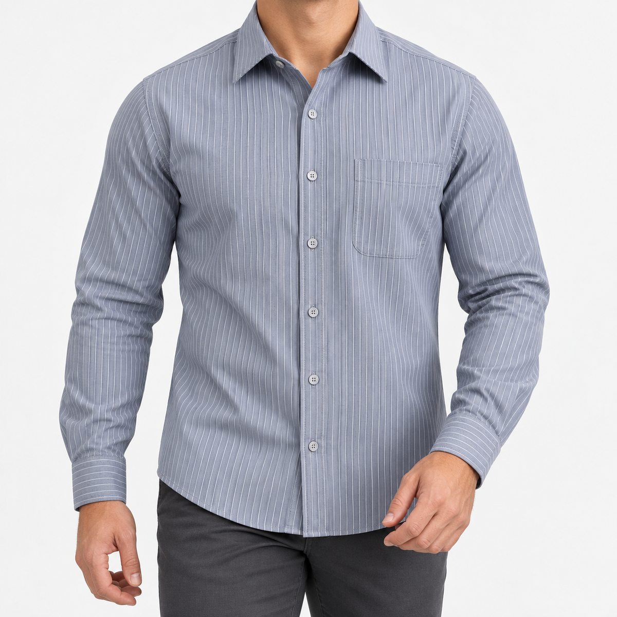 Slim cotton blend shirt with a chest pocket in gray stripe on a male model front view