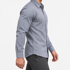 Slim cotton blend shirt with a chest pocket in gray stripe on a male model side view