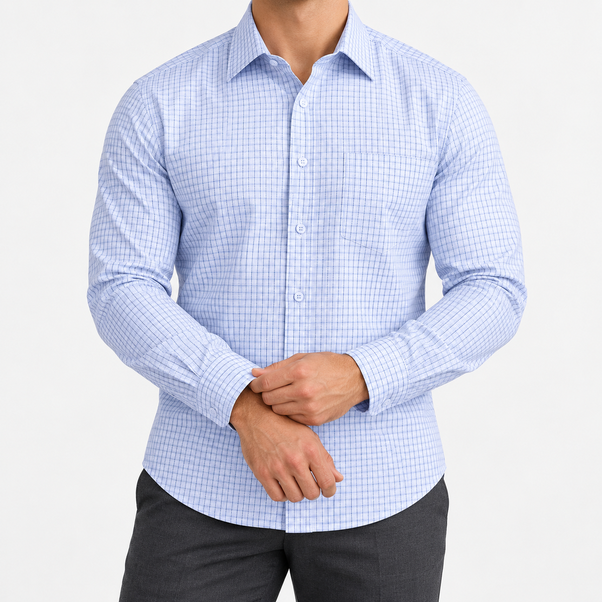 Slim cotton blend shirt with a chest pocket in blue fine check on a male model front view