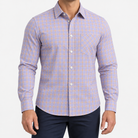 Slim cotton blend shirt with a chest pocket in lilac and tan check on a male model front view