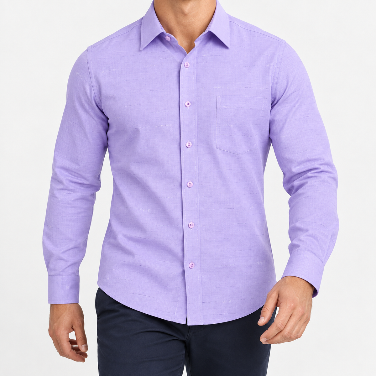 Slim cotton blend shirt with a chest pocket in lilac textured check on a male model front view
