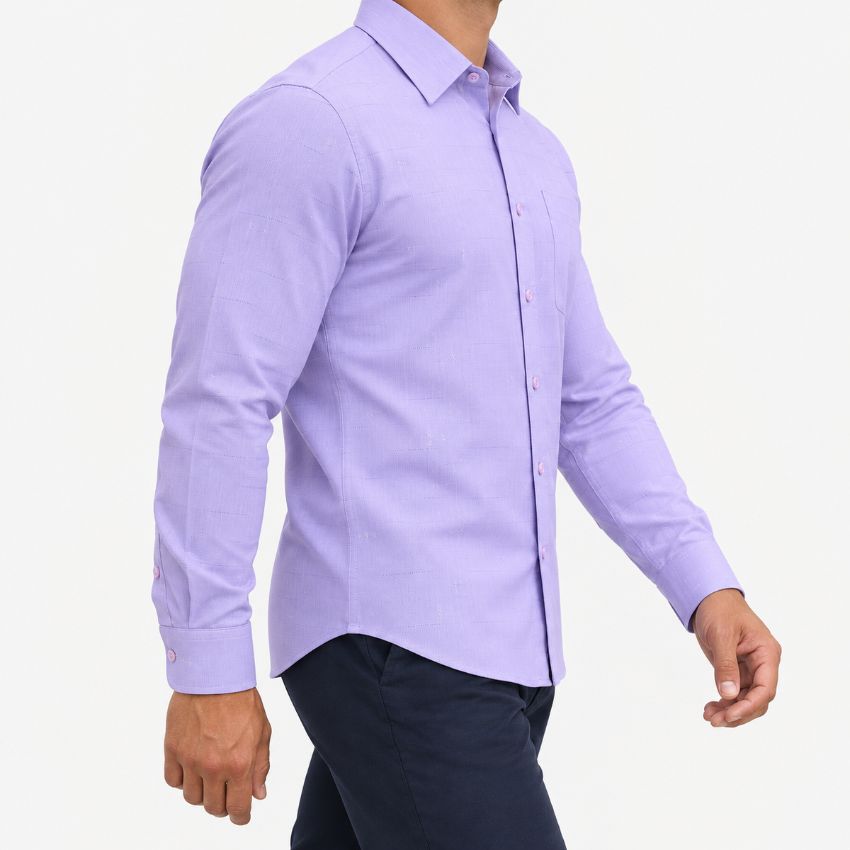 Slim cotton blend shirt with a chest pocket in lilac textured check on a male model side view