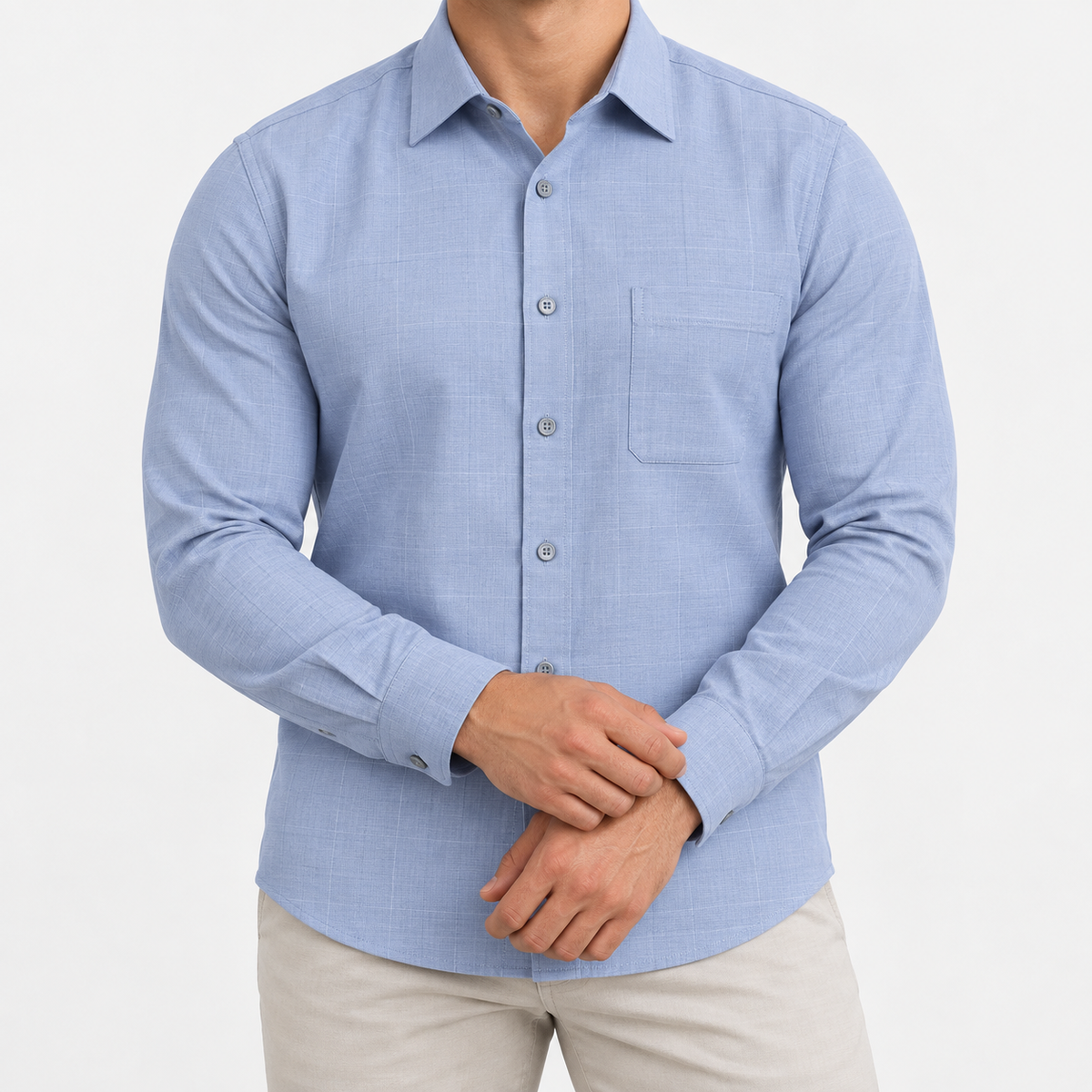Slim cotton blend shirt with a chest pocket in light gray tonal check on a male model front view