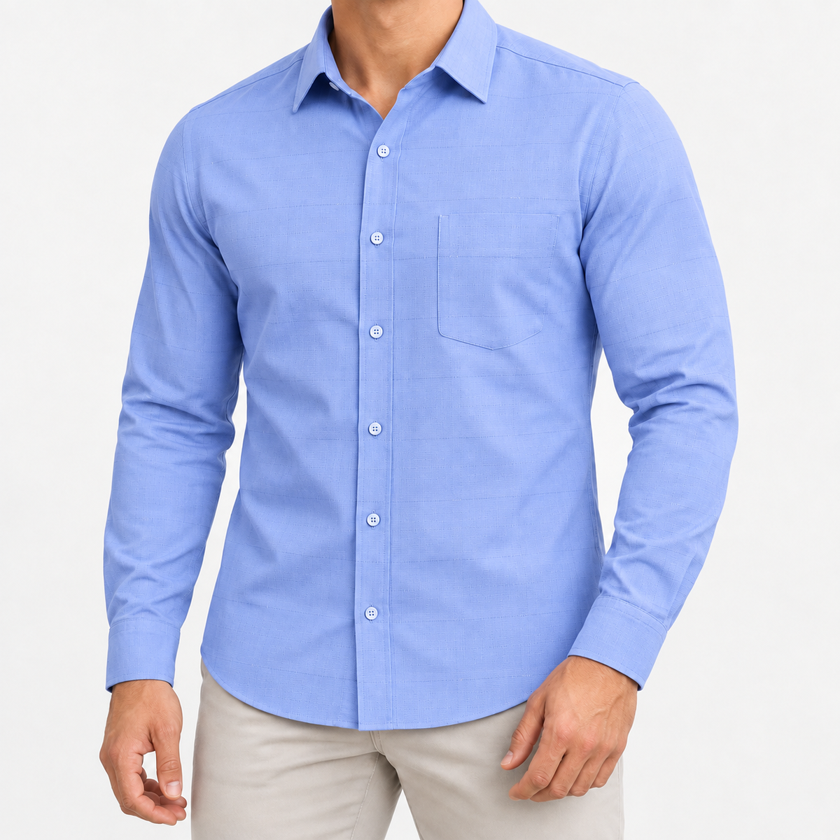 Slim cotton blend shirt with a chest pocket in cornflower blue textured check on a male model front view