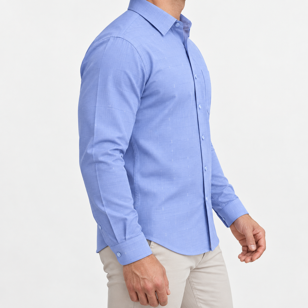 Slim cotton blend shirt with a chest pocket in cornflower blue textured check on a male model side view