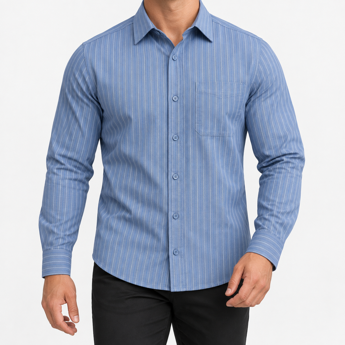 Slim cotton blend shirt with a chest pocket in steel blue stripe on a male model front view