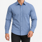 Slim cotton blend shirt with a chest pocket in steel blue stripe on a male model front view