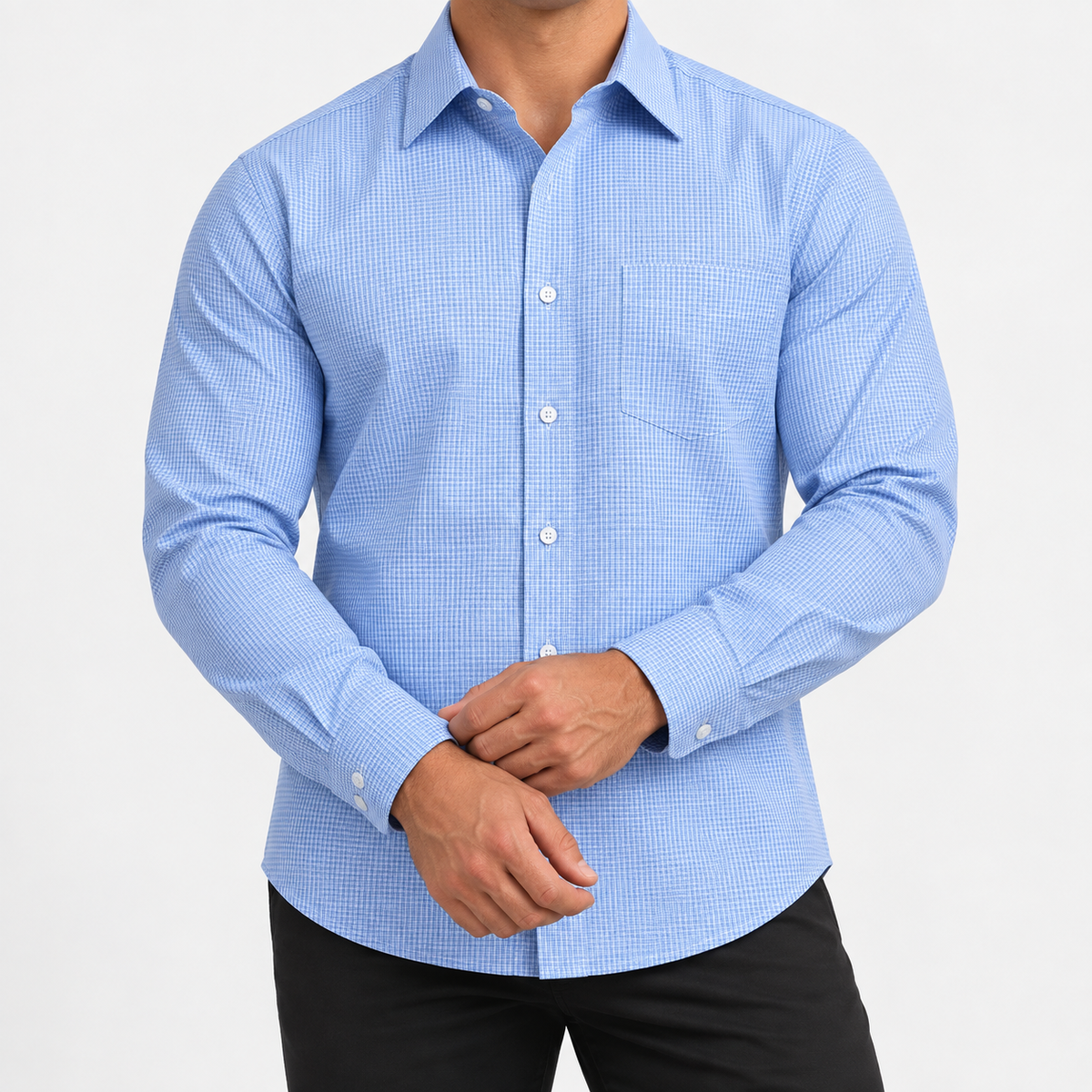 Slim cotton blend shirt with a chest pocket in light blue microcheck on a male model front view