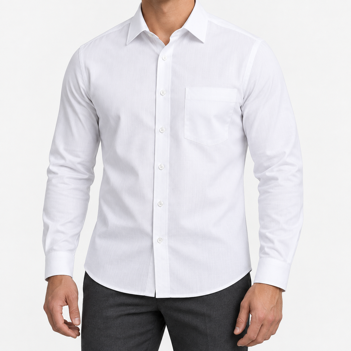 Slim cotton blend shirt with a chest pocket in white on a male model front view