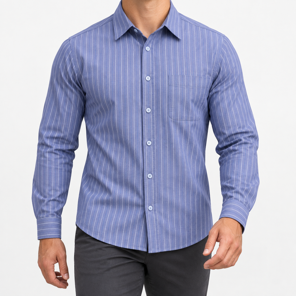 Slim cotton blend shirt with a chest pocket in indigo stripe on a male model front view