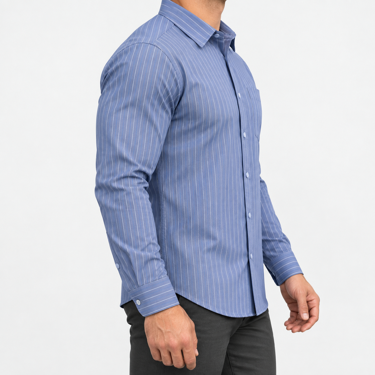 Slim cotton blend shirt with a chest pocket in indigo stripe on a male model side view