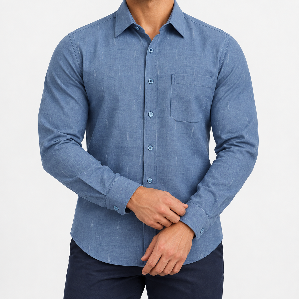 Slim cotton blend shirt with a chest pocket in deep blue textured check on a male model front view