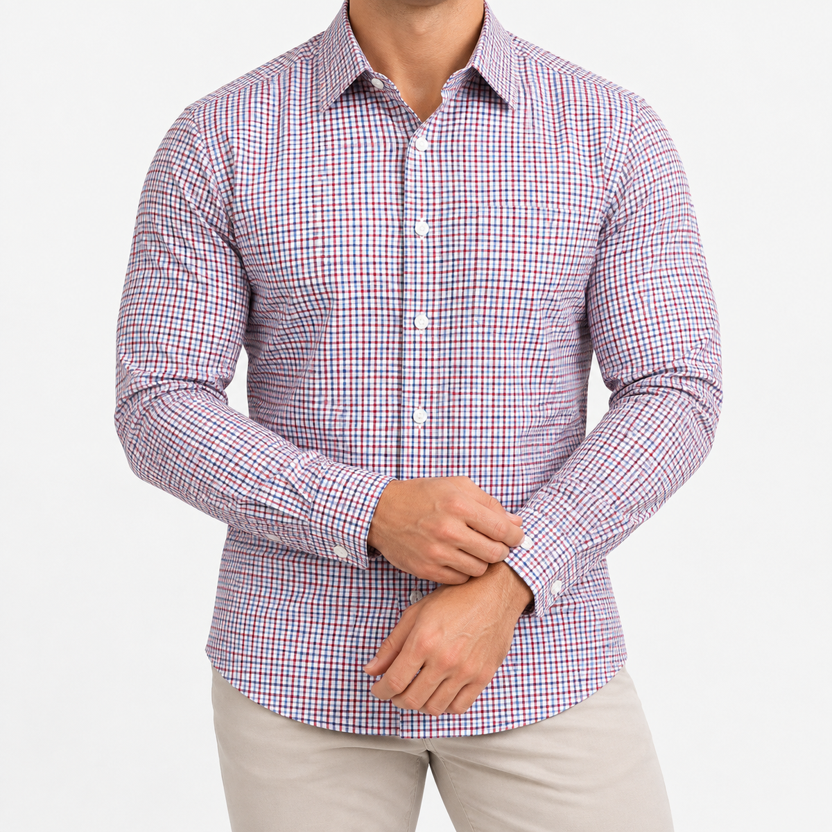Slim cotton blend shirt with a chest pocket in red and navy check on a male model front view