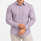 Slim cotton blend shirt with a chest pocket in red and navy check on a male model front view