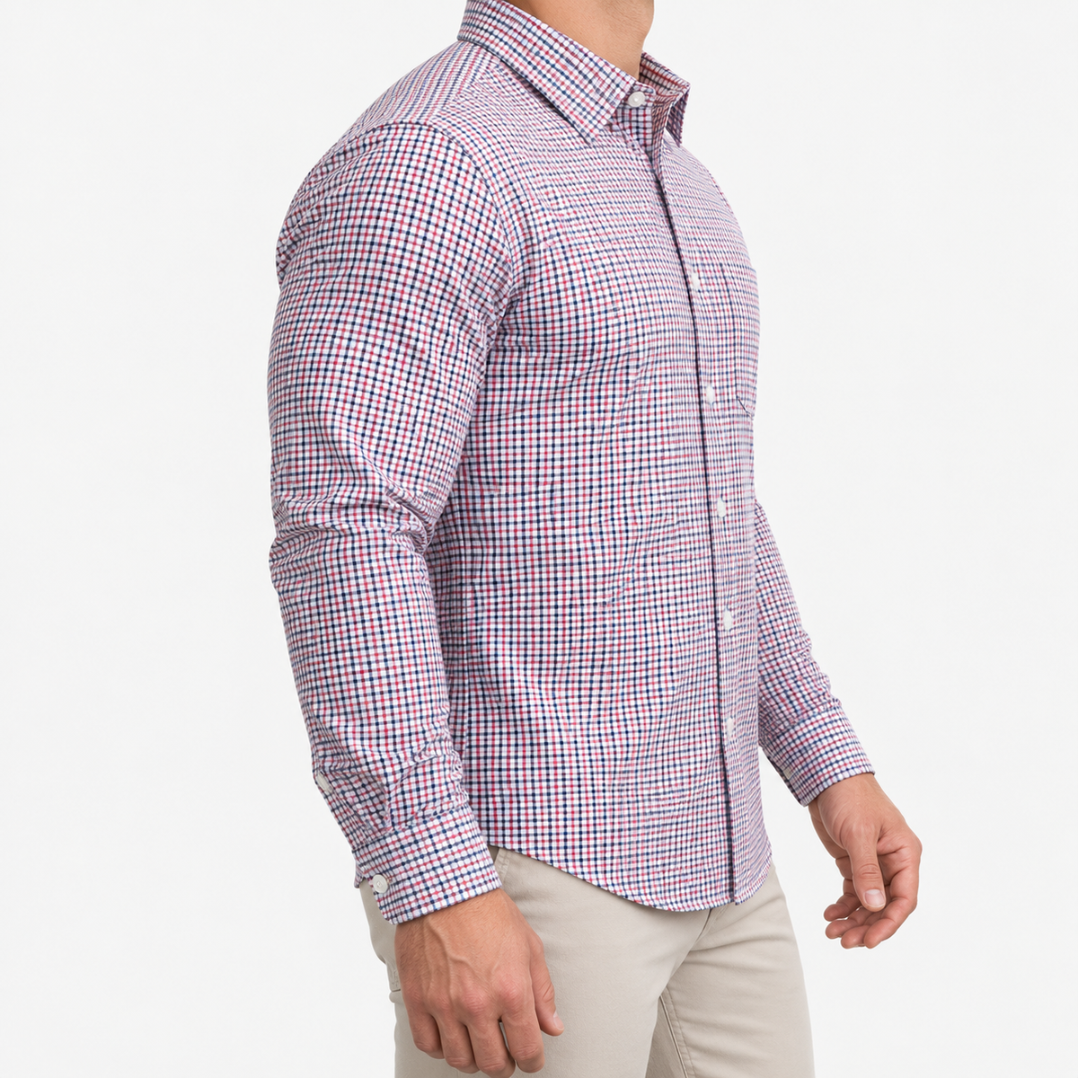Slim cotton blend shirt with a chest pocket in red and navy check on a male model side view