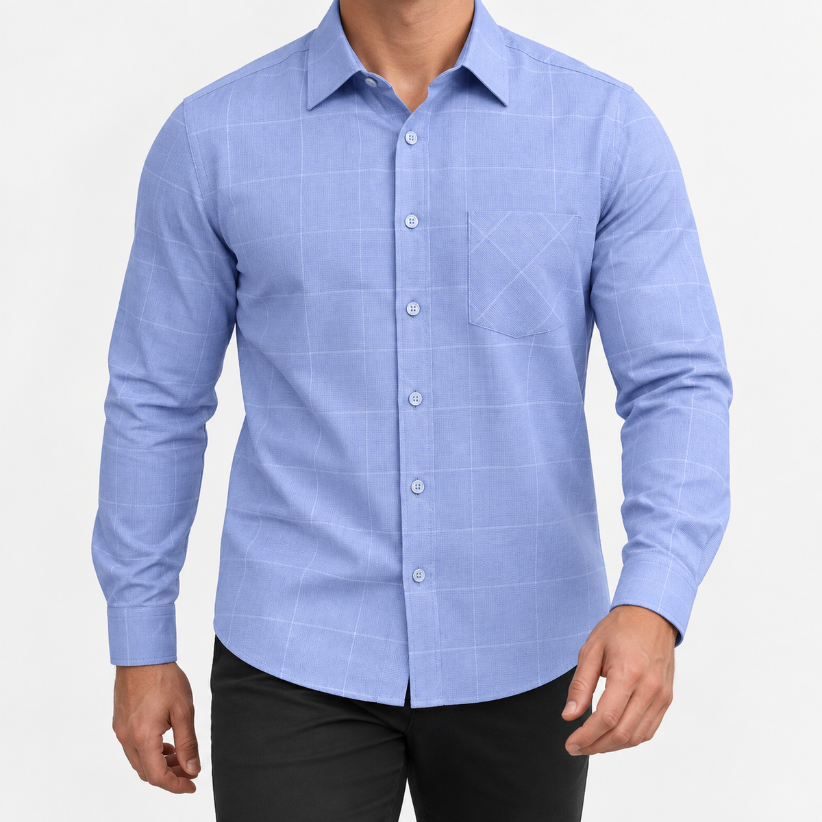 Slim cotton blend shirt with a chest pocket in blue windowpane on a male model front view
