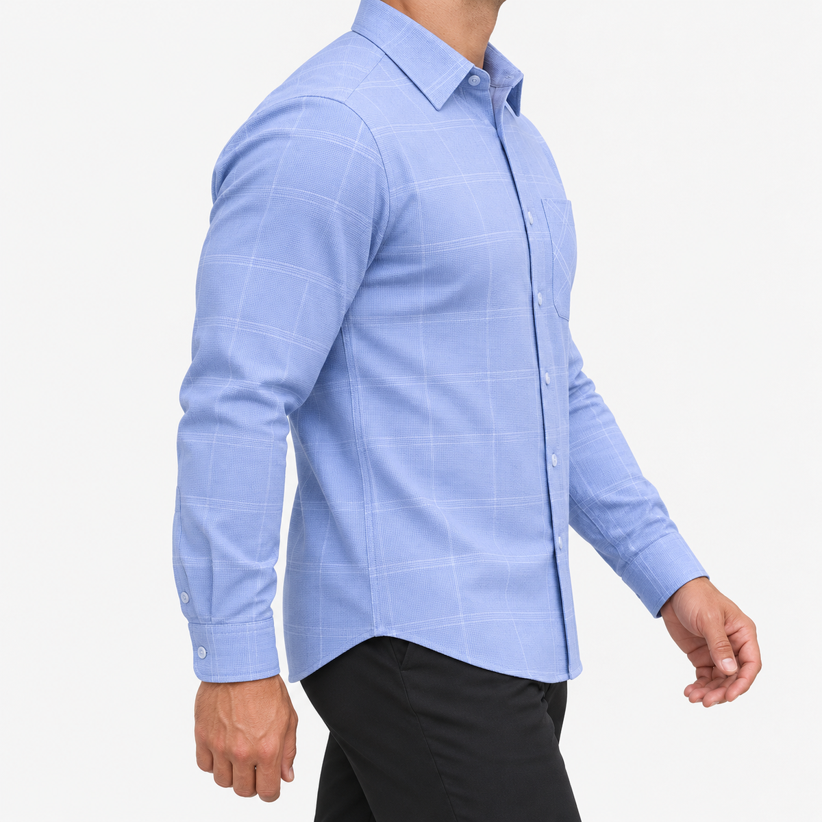 Slim cotton blend shirt with a chest pocket in blue windowpane on a male model side view