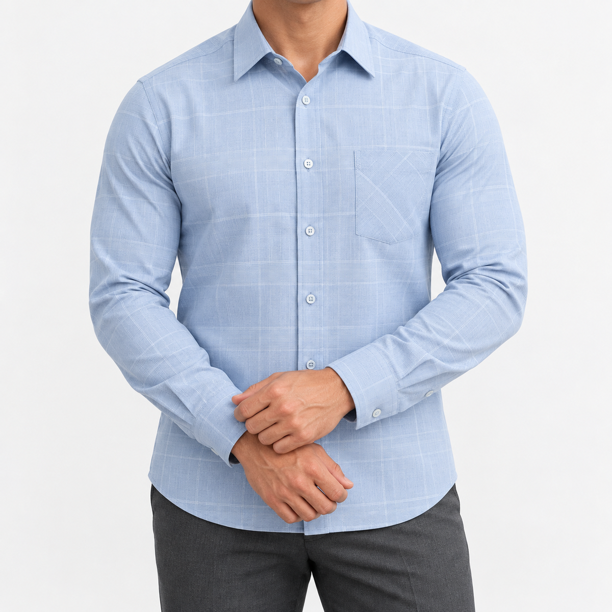 Slim cotton blend shirt with a chest pocket in light blue windowpane on a male model front view