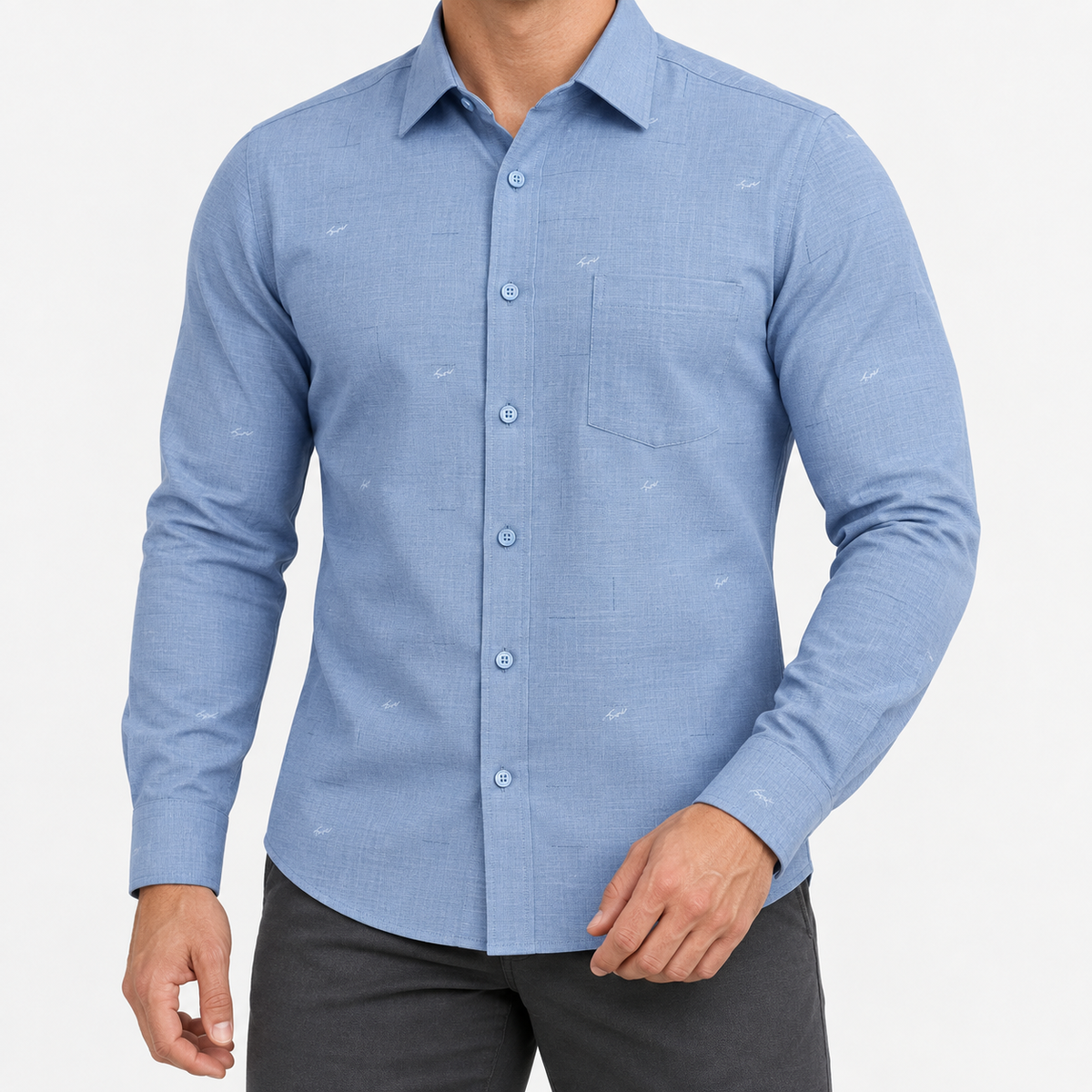 Slim cotton blend shirt with a chest pocket in slate blue textured check on a male model front view