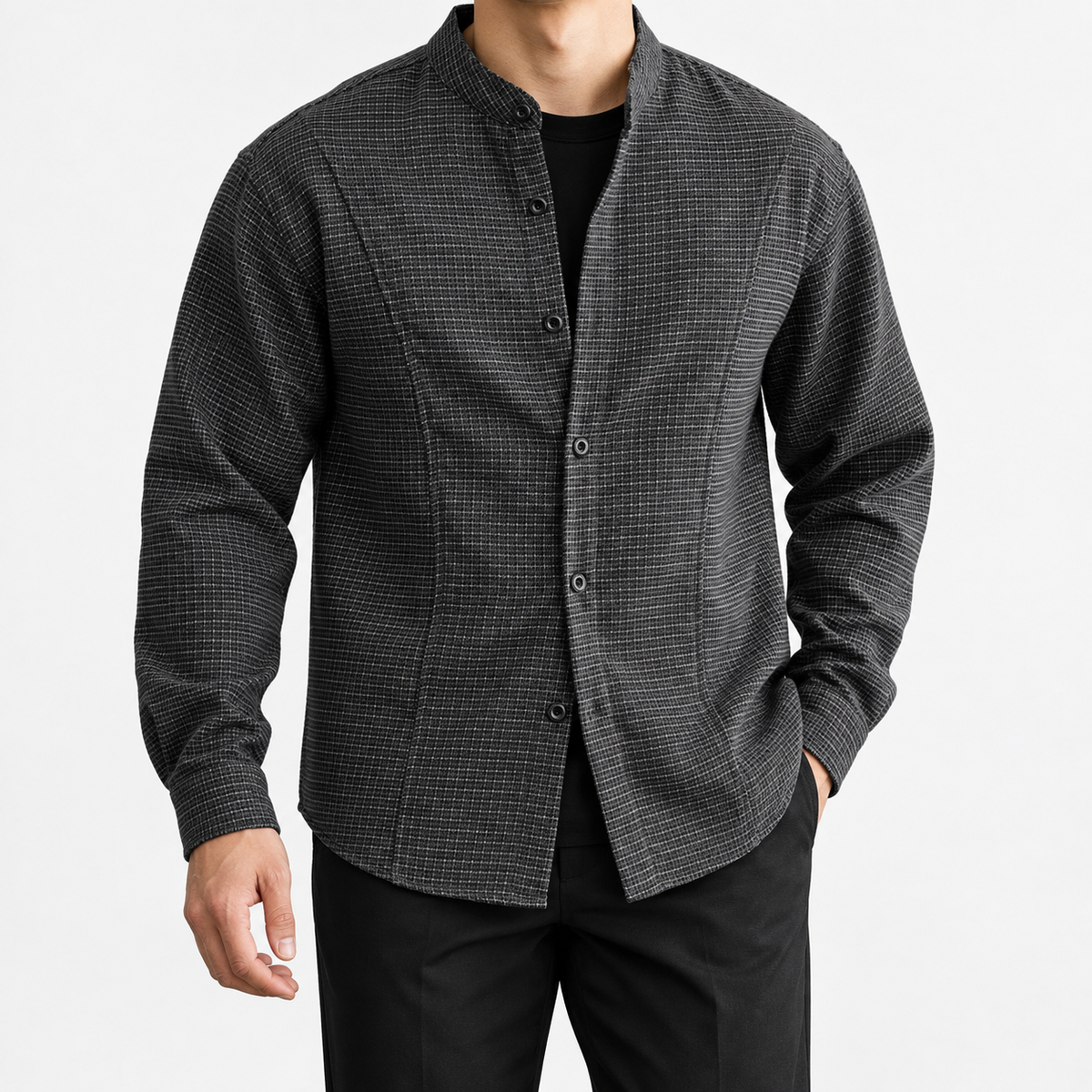 Relaxed checked shirt with curved front seams in dark gray — front view on a male model