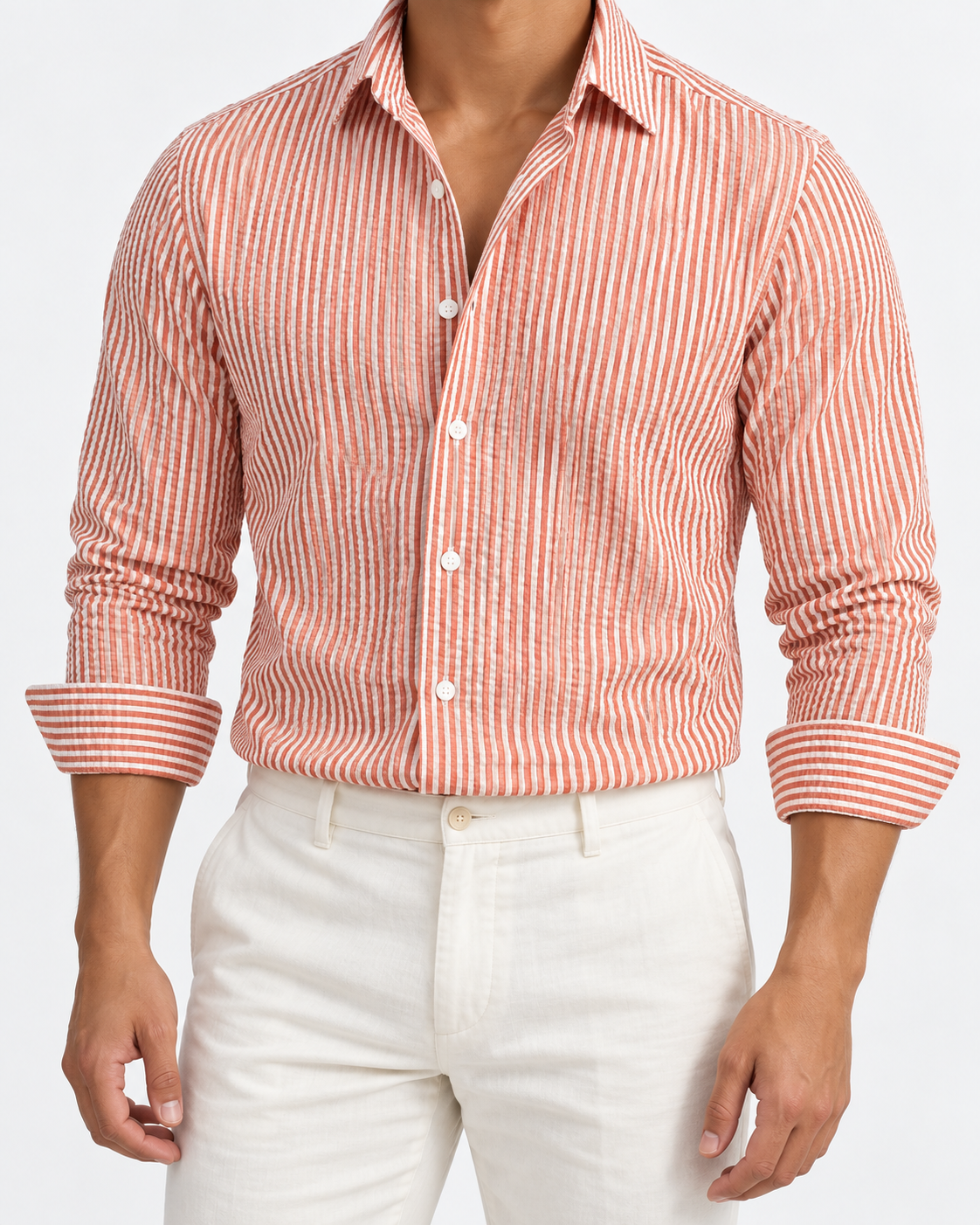 Men’s orange and white striped long-sleeve shirt, size 2XL, front studio view