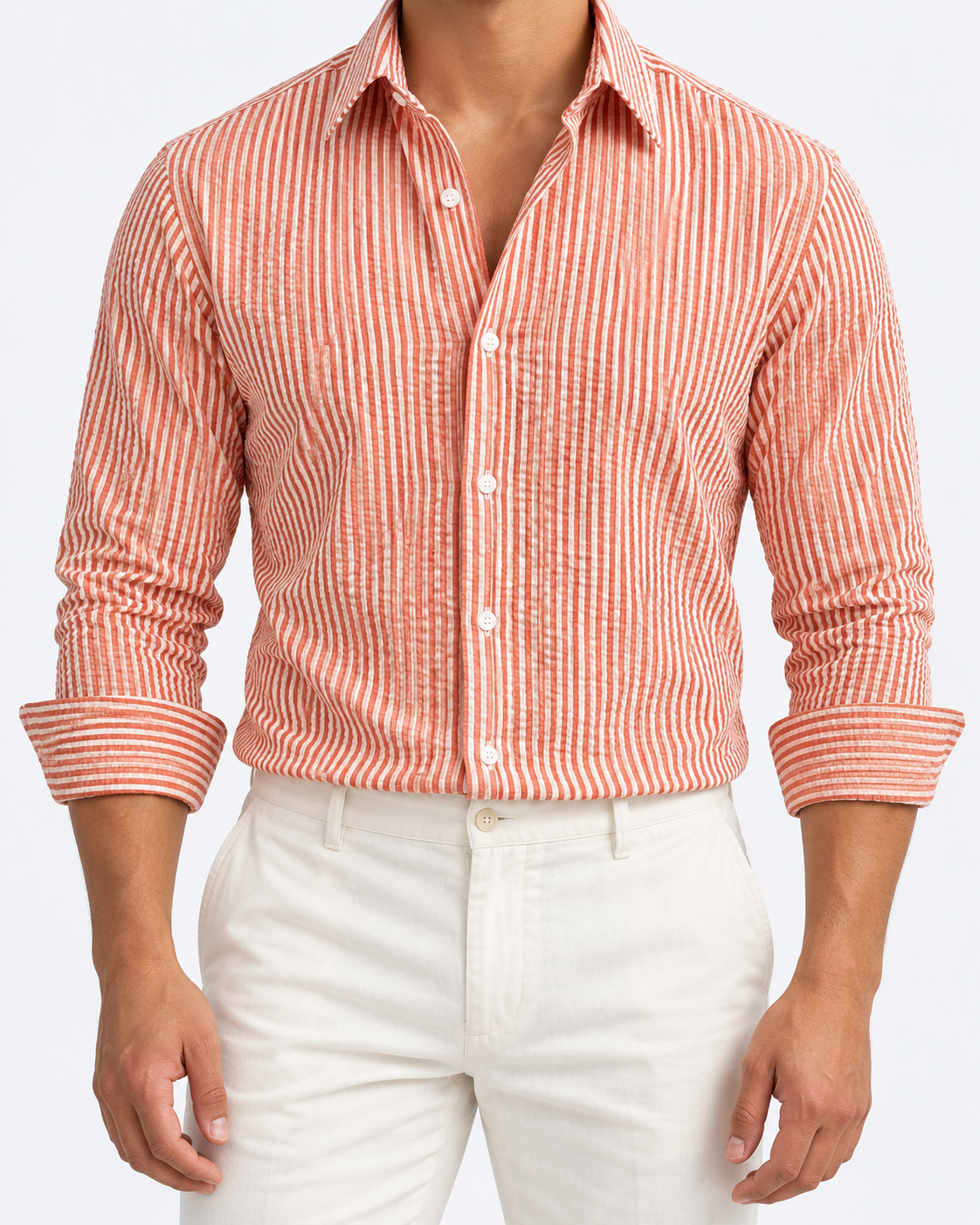 Men’s orange and white striped long-sleeve shirt, size 3XL, front studio view