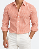 Men’s orange and white striped long-sleeve shirt, size L, front studio view