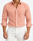 Men’s orange and white striped long-sleeve shirt, size M, front studio view