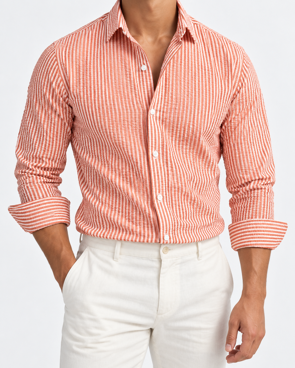 Men’s orange and white striped long-sleeve shirt, size S, front studio view