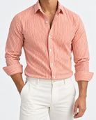 Men’s orange and white striped long-sleeve shirt, size S, front studio view