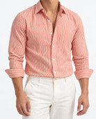Men’s orange and white striped long-sleeve shirt, size XL, front studio view