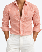 Men’s orange and white striped long-sleeve shirt, size XS, front studio view