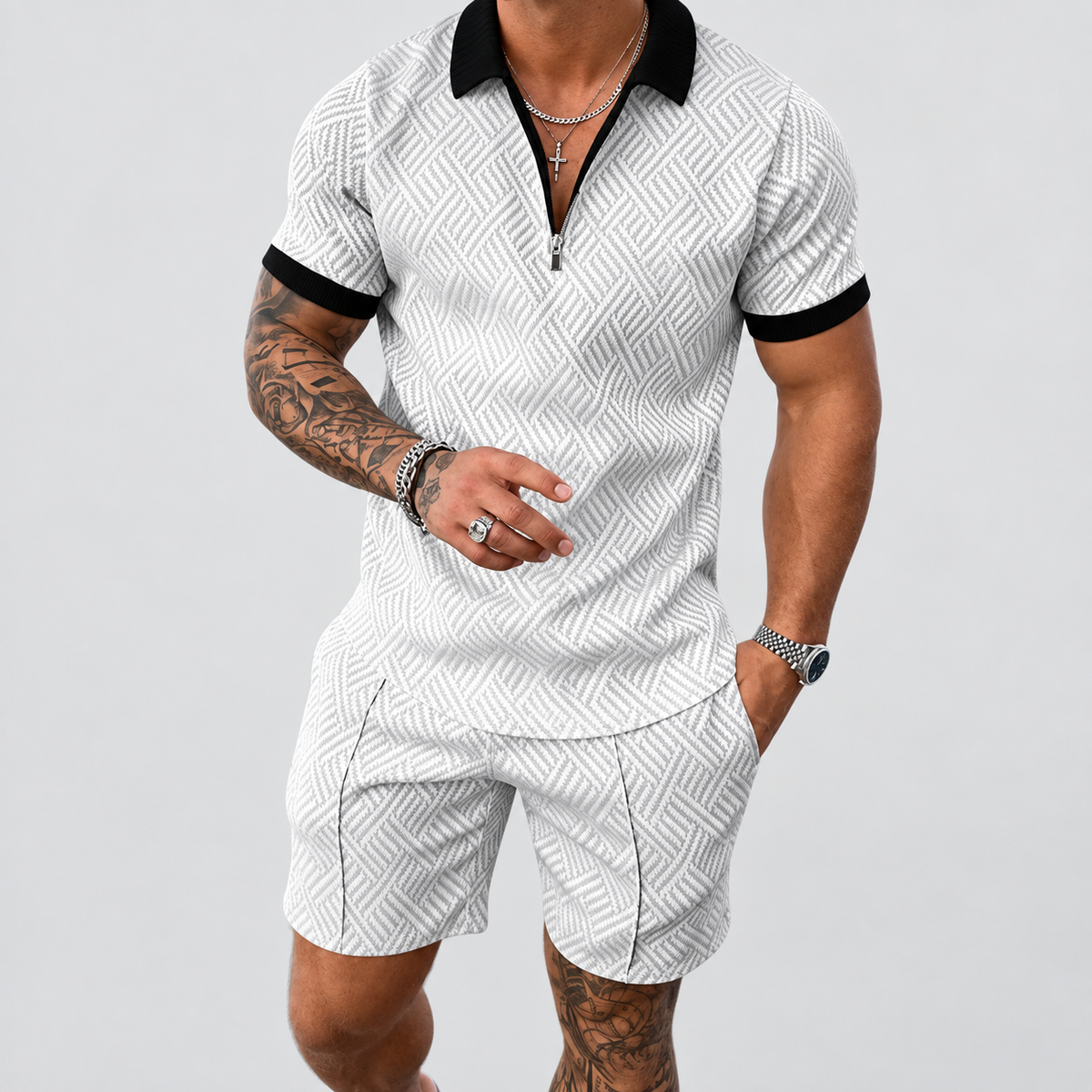 Men's White Zip-Collar T-Shirt and Shorts Set — White