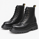 Black leather lace up combat boots in black, product cover