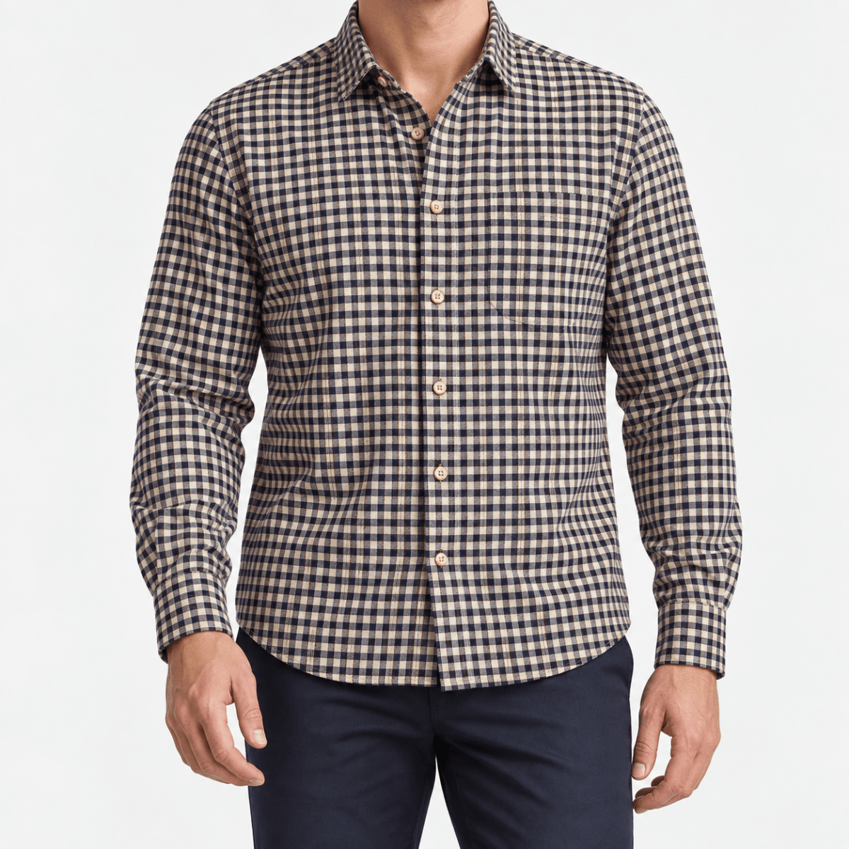 Brushed cotton flannel shirt with a chest pocket - AntoniosClothing - Cream gingham