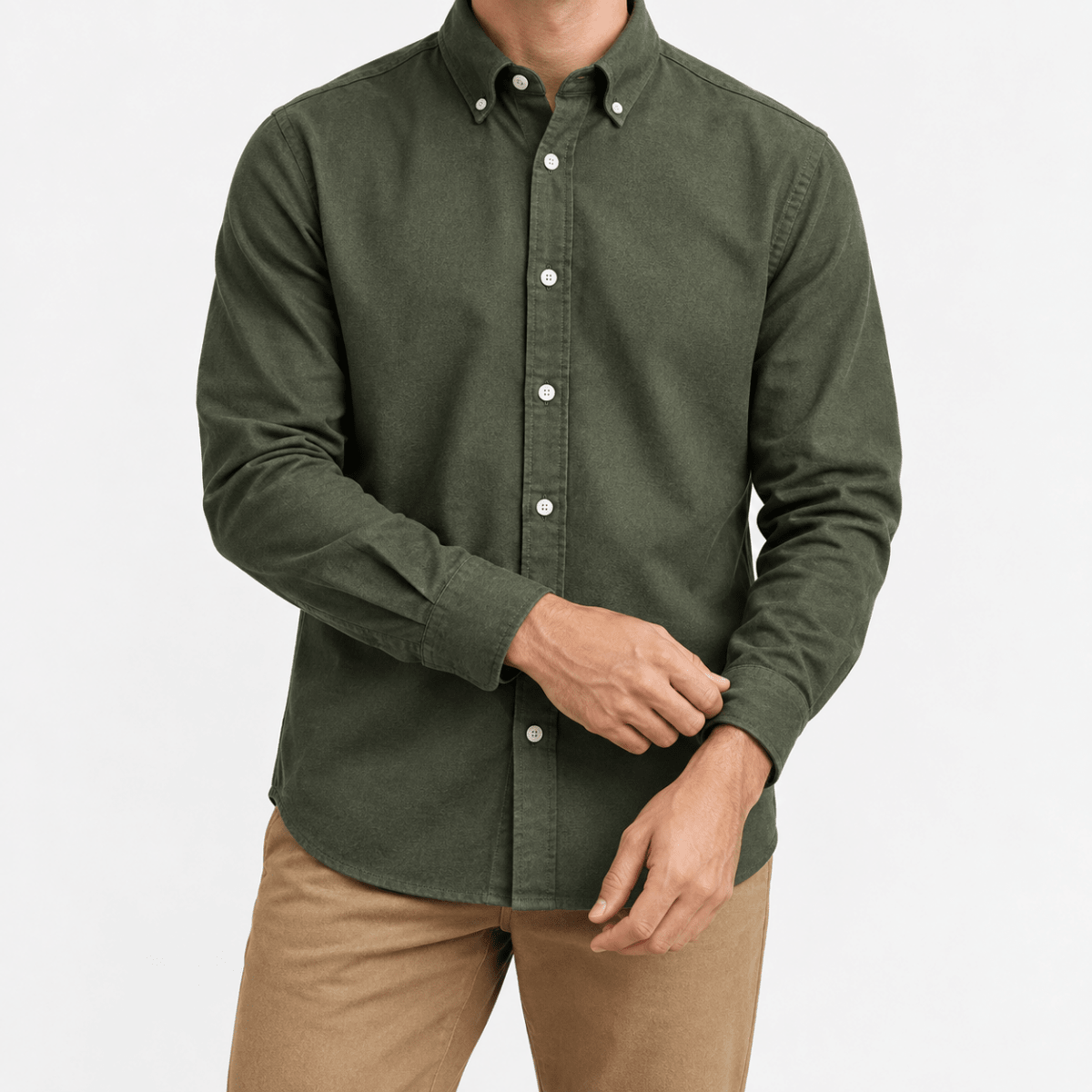 Brushed cotton oxford shirt with a button collar - AntoniosClothing - Olive green