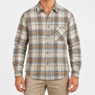 Brushed cotton plaid shirt in beige plaid, front view on a model