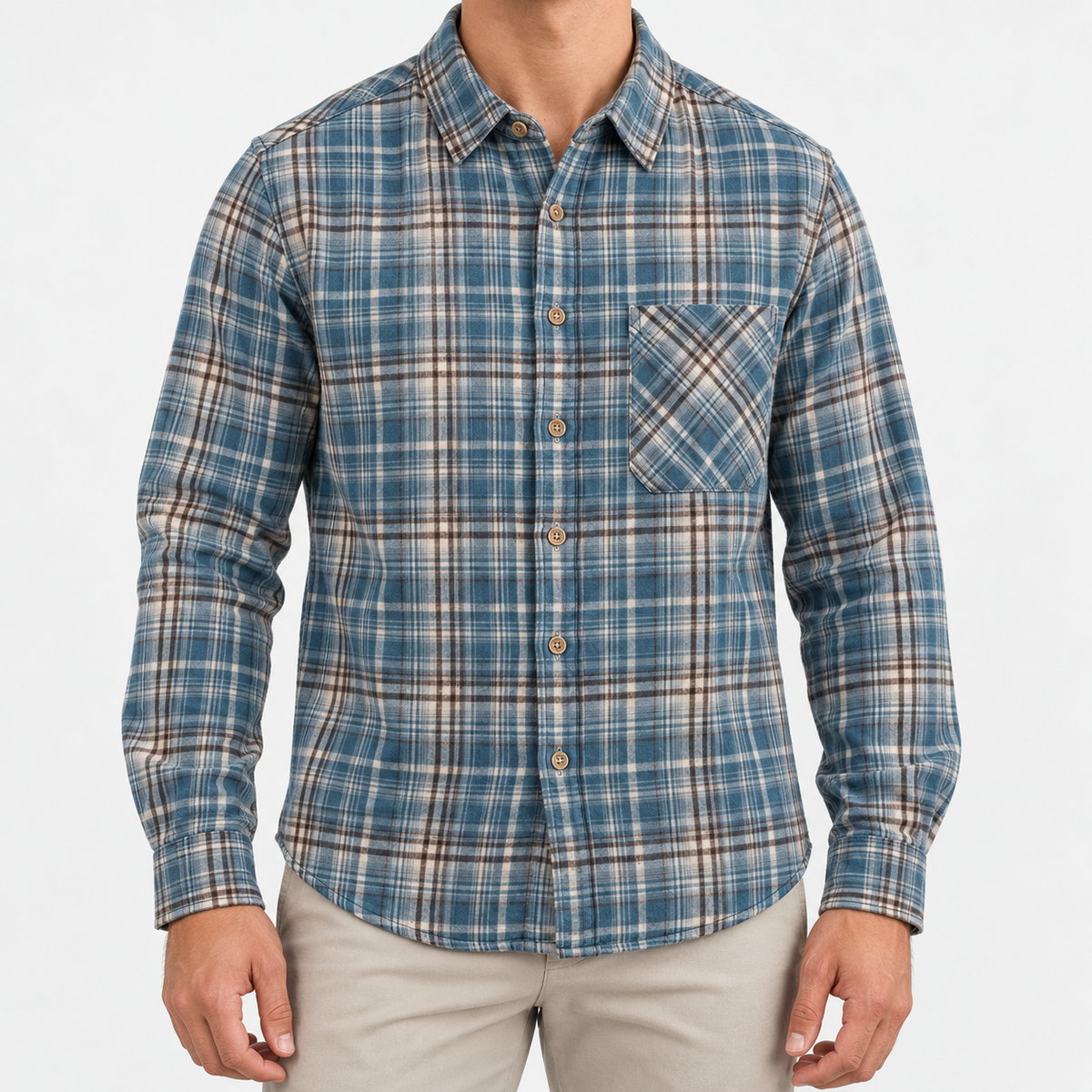 Brushed cotton plaid shirt in blue plaid, front view on a model