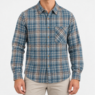 Brushed cotton plaid shirt in blue plaid, front view on a model