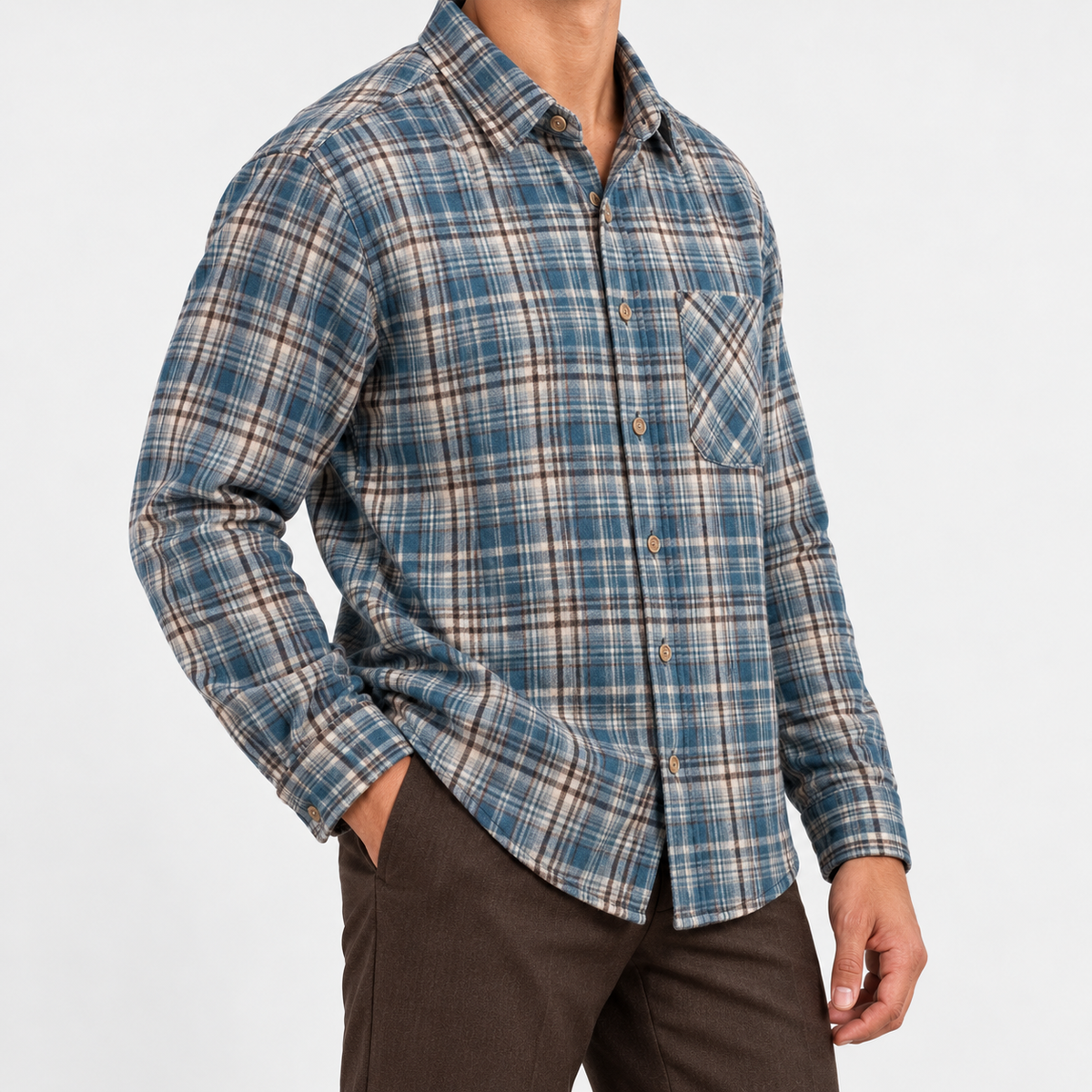Brushed cotton plaid shirt in blue plaid, side view on a model