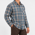 Brushed cotton plaid shirt in blue plaid, side view on a model