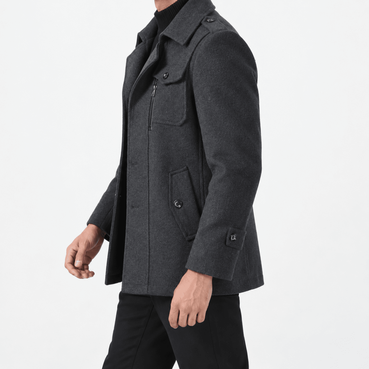 Button front coat with shoulder tabs and zip chest detail - AntoniosClothing - Charcoal