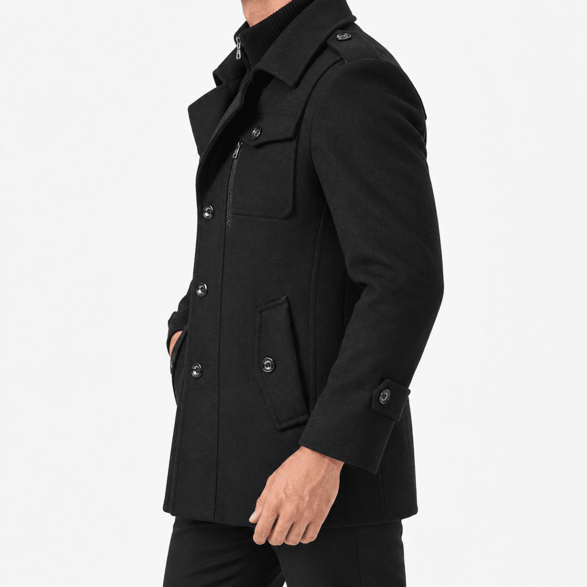 Button front coat with shoulder tabs and zip chest detail - AntoniosClothing - Black